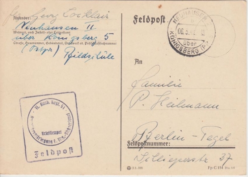 DR - Neuhausen 2 ü. Köngsberg 1942 Pst I Feldpostkarte n. Berlin Einheit !!