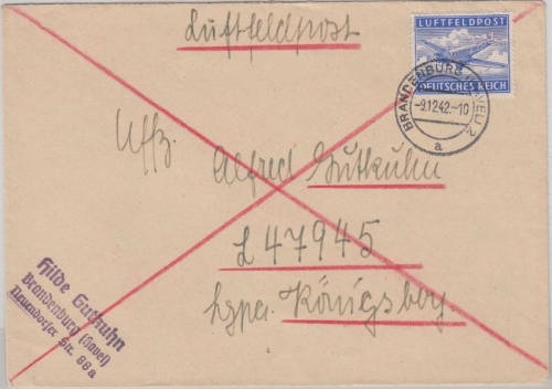 DR - Brandenburg a/Havel 9.12.42 Luftfeldpostbrief an Fp.Nr. L47945