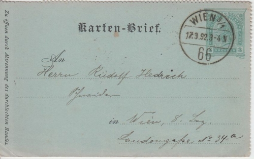 Österreich - 3 Kr. Franz-Joseph Ganzsache Kartenbrief Ortsbrief Wien 1892