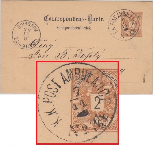 Österreich - K.K. Post Ambulance No. 34 Bahnpost 2 Kr. Ganzsache Haloubkov 1885