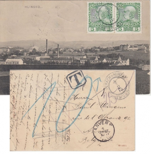 Österreich - Hlinsko sw-AK bildseitig frankiert n. BELGIEN Nachporto 1910
