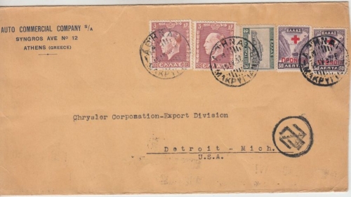 Griechenland - 2x50 L. Zwnagszuschlag u.a. Zensurbrief n. USA Athen Detroit 1937