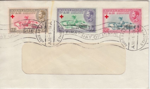 Äthiopien Red Cross Centenary Überdruck 3 Werte FDC Masch.EST Addis Abbaba 1959