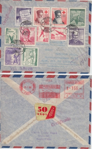 Chile - 20+50 P Enri Dunant Rotes Kreuz ua Luftpost Einschreibebrief Osorno 1960