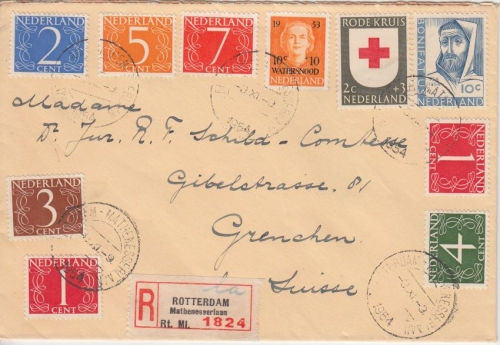 Niederlande - 2 C. Wohltätigkeitsausg. Rotes Kreuz u.a. Einschreibebrief 1954