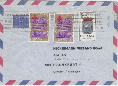 Spanien - 2x1 Pta. 100 Jahre Rotes Kreuz u.a. Luftpostbrief Madrid - FFM 1964