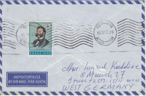 Griechenland - 4,50 Dr. Rotes Kreuz Enri Dunant Luftpostbrief n. München 1963