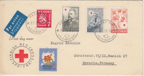 Finnland - 15 M. Rotes Kreuz u.a. Luftpostbrief Helsinki - München 1958