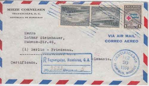 Honduras - 1 C. Zwangszuschlag Rotes Kreuz Luftpost Einschreibebrief 1951