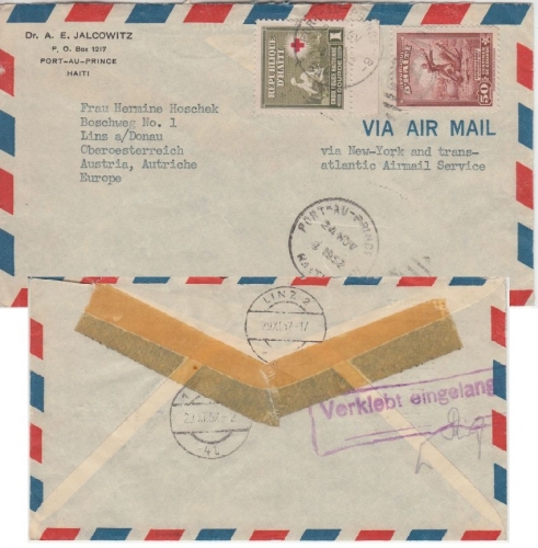Haiti - 1 G. Rotes Kreuz u.a. Luftpostbrief n. ÖSTERREICH Port au Prince 1952