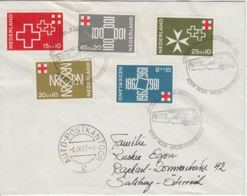 Niederlande - 100 J. Niederl. Rotes Kreuz Satzbrief SST Auto-Postkantor 1967