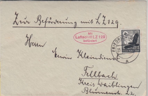 DR - LZ 129 1. Postfahrt Zeppelinbrief Friedrichshafen - Fellbach 1936