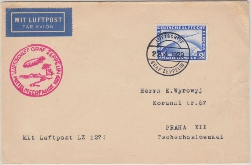 DR - LZ 127 Mittelmerhfahrt Bordpost n. TSCHECHIEN 2 M. Zeppelin n. Prag 22.4.29