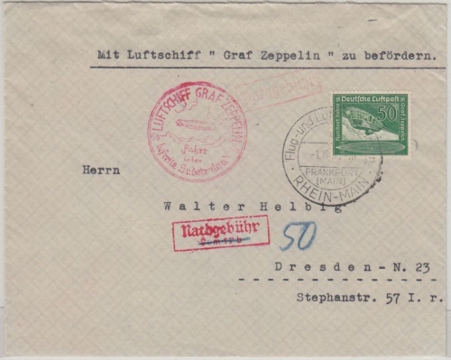 DR - LZ 130 Sudetenlandfahrt Frankfurt a/M - Dresden 1.12.38 - Nachgebühr !!