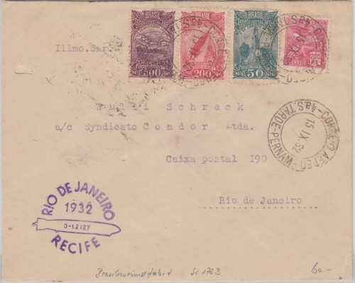 Brasilien - 6. SAF/Brasilien-Rundfahrt Brief Pernambuco - Rio de Janeiro 1932