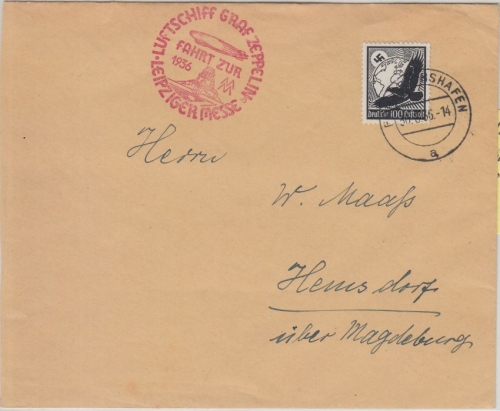 DR - LZ 127 Fahrt zur Leipziger Messe Brief Friedrichahafen - Hemsdorf 30.8.36