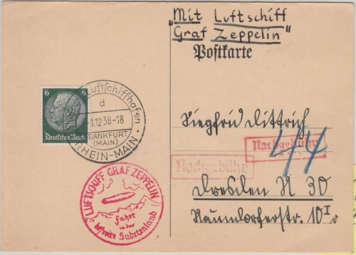 DR - LZ 130 Sudetenlandfahrt Frankfurt a/M - Dresden 1.12.38 44 Pfg. Nachgebühr