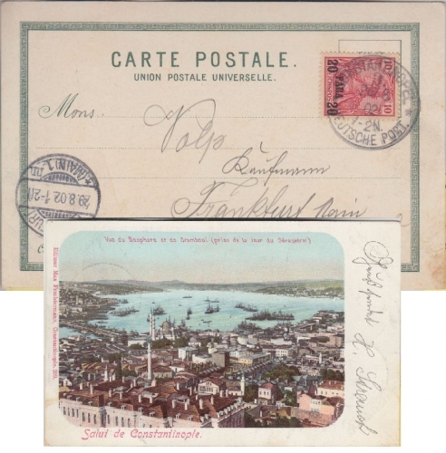DP Türkei - 20 Pa./10 Pfg. Germania Reichspost farb. AK Constantinopel FFM 1902