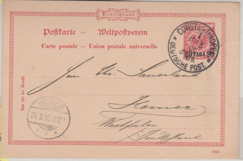 DP Türkei - 20 Pa./10 Pfg. Krone/Adler Ganzsache Constantinopel - Hemer 1895