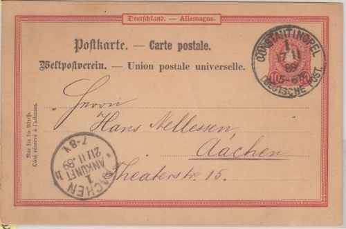 DP Türkei - 10 Pfg. Ganzsache Vorläufer Constantinopel - Aachen 1889