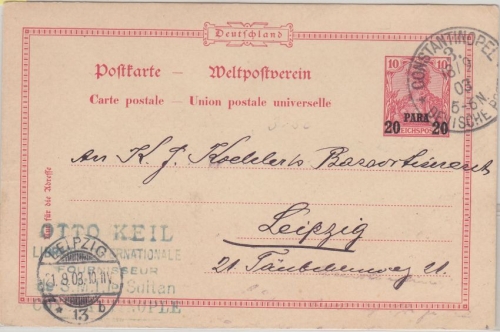 DP Türkei - 20 Pa./10 Pfg. Germania/Reichspost Ganzsache Constantinopel 3 - 1903