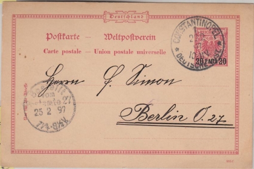 DP Türkei - 20 Pa./10 Pfg. Krone/Adler Ganzsache Constantinopel - Berlin 1897