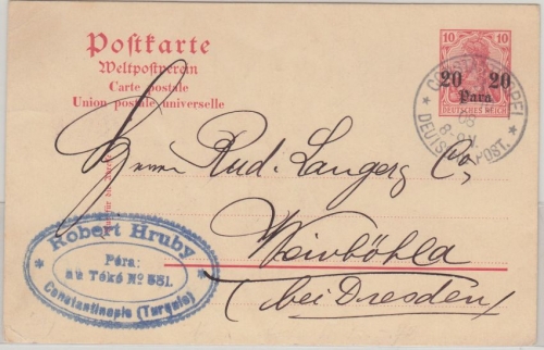 DP Türkei - 20 Pa./10 Pfg. Germania Ganzsache Constantinopel 3 - Weinböhla 1908