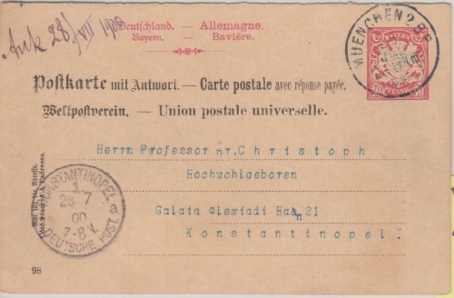 Bayern - 10 Pfg. Wappen Ganzsache München - Constantinopel Deutsche Post 1900