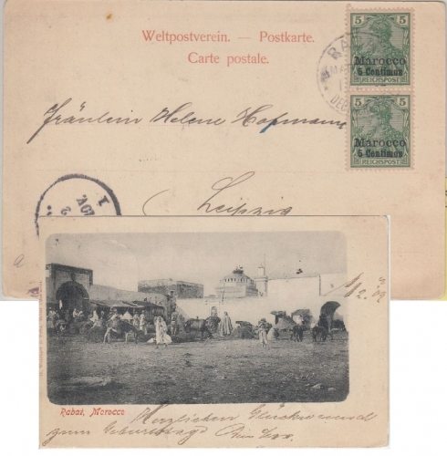 DP Marokko - 2x5 C./5 Pfg. Germania/Reichspost sw-AK Rabat - Leipzig 1902