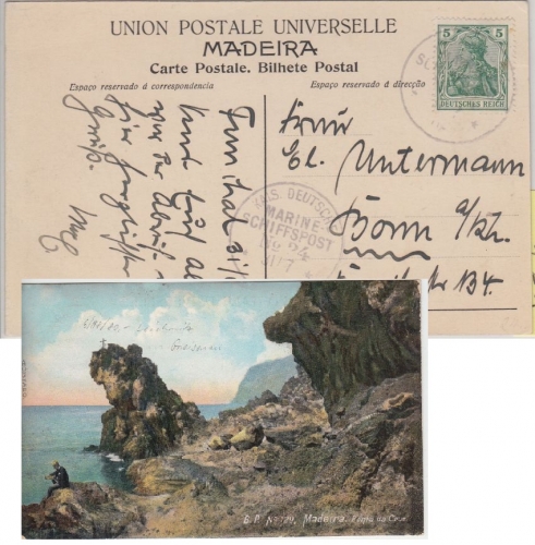 DR - MSP No.24 SMS Gneisenau II farb. AK Madeira n. Bonn 1908 Verbandsreise n.