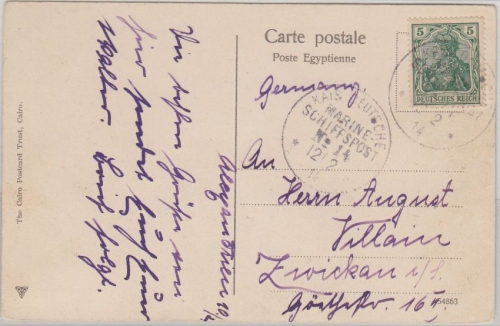 DR - MSP No.14 SMS Loreley farb. AK Alexandrien n. Zwickau 1914 Mittelmeer-Reise
