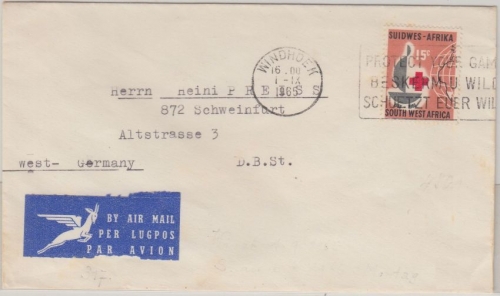 Südwestafrika - 15 C. 100 J. Rotes Kreuz Luftpostbrief Windhoek Schweinfurt 1965