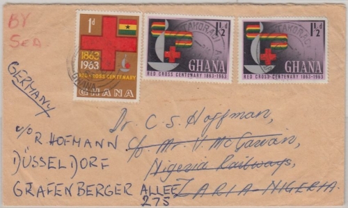 Ghana - 2x1 1/2+1 P. 100 J. Int. Rotes Kreuz Brief n. NIGERIA Weiterleitung 1963