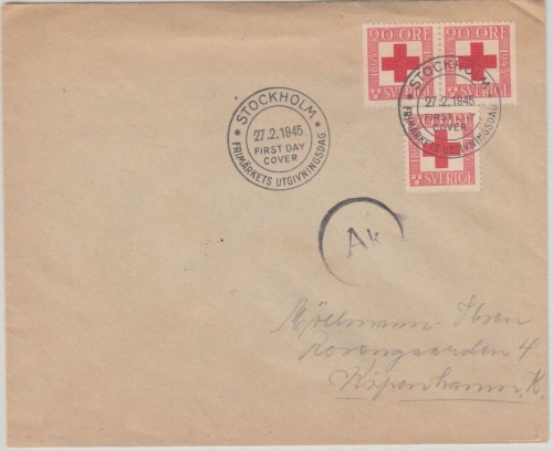 Schweden - 3x20 Ö. 80 J. Rotes Kreuz Zensurbrief n. DÄNEMARK FDC Stockholm 1945