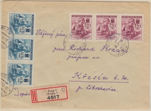 B&M - 3x60+3x120 H. Rotes Kreuz Einschreibebrief Prag 7 - Kresin 1942