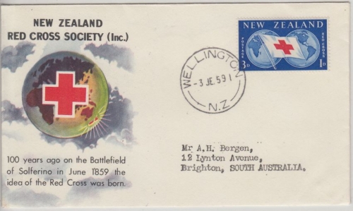 Neuseeland - 3+1 P. Rotes Kreuz Wohlt.-Ausgabe Schmuck-FDC Wellington 1959