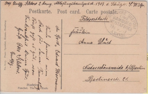 DR - Deutsche Seepost Hamburg Westafrika XXXVIII Feldpostkarte 1907 n.