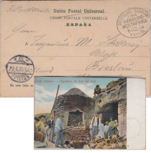 DR - Deutsche Seepost Hamburg Westafrika XXXVIII Feldpostkarte 1904 n. Breslau
