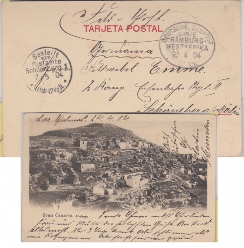 DR - Deutsche Seepost Hamburg Westafrika sw-AK Gran Canaria n. Schöneberg 1904