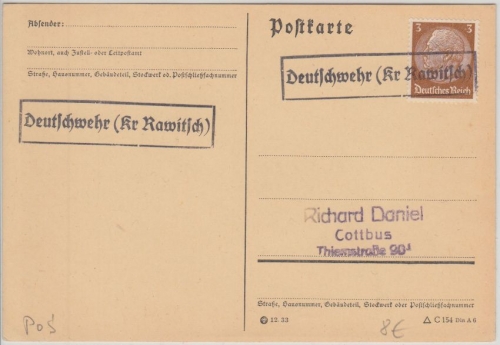 DR - Deutschwehr (Kr. Rawitsch) Aushilfs-Ra1 Drucksachenkarte n. Cottbus ca.1940