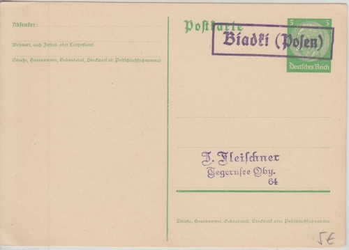 DR - Biadki (Posen) Aushilfs-Ra1 5 Pfg. Ganzsache n. Tegernsee ca.1940