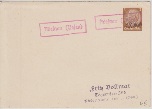DR - Adelnau (Posen) roter Aushilfs-Ra1 3 Pfg. Privatganzsache n. Tegernsee