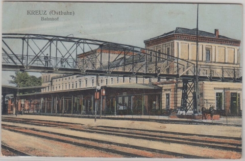 DR - Kreuz (Ostbahn) Bahnhof farb. AK Feldpost n. Marienthla (Pom.) 1916