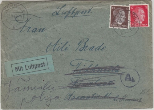 DR - 10+12 Pfg. AH Luftpostbrief n. FINNLAND Schroda 1943 OKW-Zensur Weiterltg.