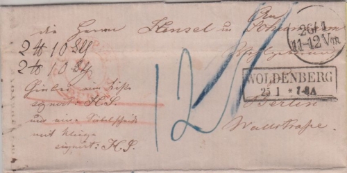 Preussen - Woldenberg 25/1 Ra2 Paketbegleitbrief (2 Pakete) n. Berlin 1855