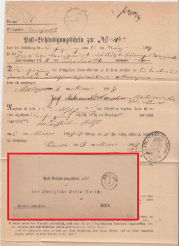 Preussen - Kriewen 3/5 K2 Postbehändigungsschein n. Kosten 1867