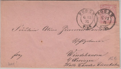 NDP - 1 Gr. gez. K2 Posen rosa Damenbrief n. Windehausen b. Heringen 1871
