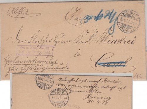 DR - Konitz 1897 Zustellurkunde Frei d. Ablösung No.21 n. Czersk - Retourvermerk