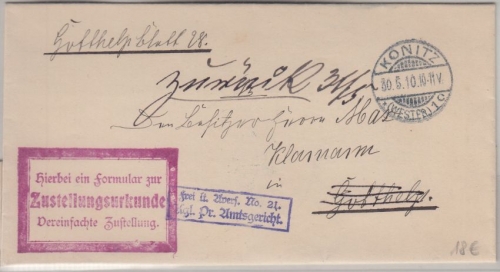 DR - Konitz 1910 Zustellurkunde Frei d. Ablösung No.21 - Retourvermerk