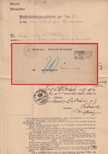 DR - Czerwinsk i. Westpreussen 6.10.77 Ra3 Insinuationsdokument n. Marienwerder
